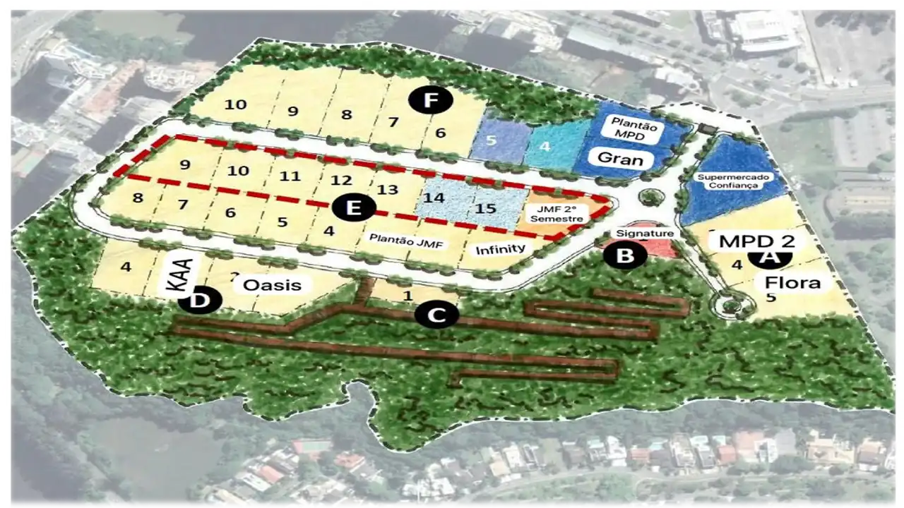 Mapa ilustrado do Alphagran com as quadras numeradas e as marcações KAA, Oasis, Gran, Infinity, MPD 2 e Flora